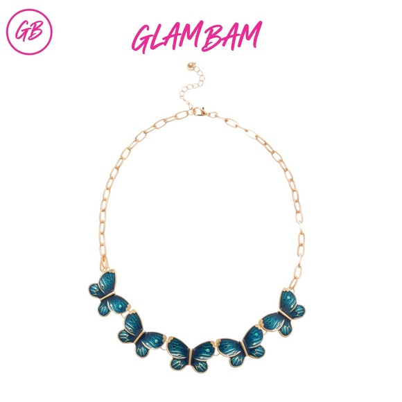 Glam Bam Jewelry - GlamBam Blue Enamel‎ Butterfly Charm Necklace Gold Tone Fashion Jewelry